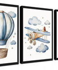 Baby Boy Nursery Wall Art Set Of 3 Vintage Blue Travel Theme Prints For Kids Room 12x16 Inch Wood Framed Hot Air Balloon Plane Helicopter