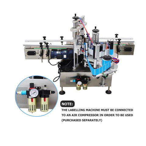 Heavy Duty Automatic Label Applicator With Chain Conveyor for Round Square Hexagonal Bottles showing air compressor connection equipment.