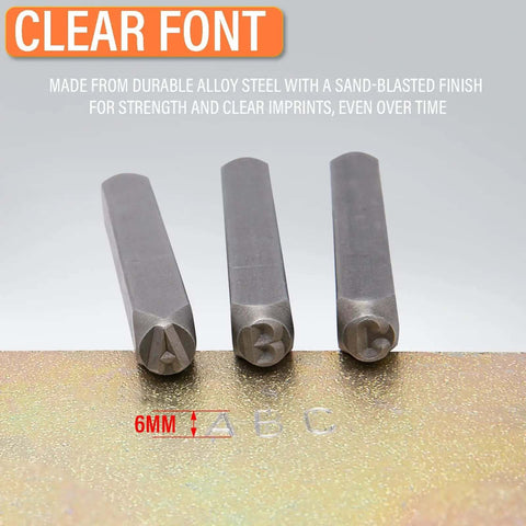 Letter And Number Punch Set One Quarter Inch Steel Stamp Kit showing A, B, C stamps for imprinting metal, 6mm size detail