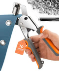 Heavy Duty Grommet Tool Kit with Eyelet Plier handheld puncher applying 10 mm eyelets to a tarp, includes silver grommets.
