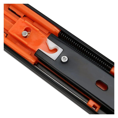Close-up of two-piece quiet drawer slides for 12 to 20 inch cabinets, 45mm track width, green bronze three-section rail system.