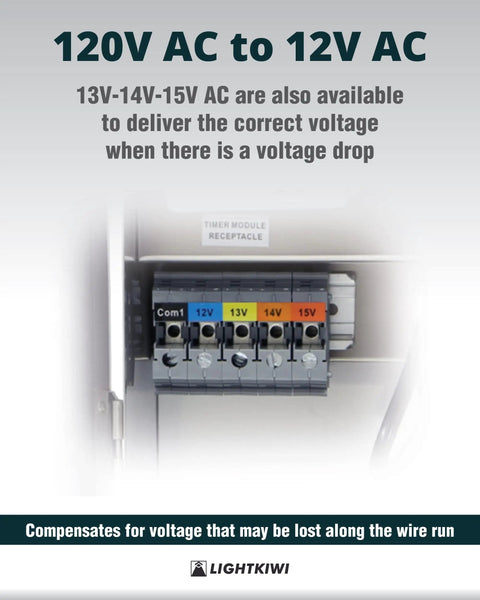 Close-up of Rock Solid 300W Landscape Transformer With Multi Tap 12 13 14 15 Volt Output Weatherproof Outdoor Power Supply
