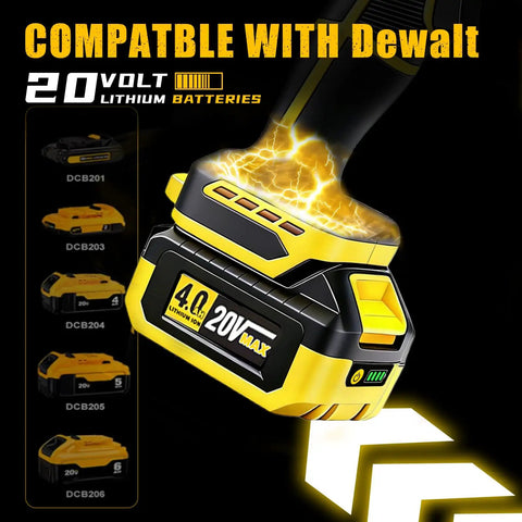 Cordless Leaf Blower For 20V Max Batteries With Light Brushless Motor 720 CFM At 180 MPH Portable Handheld Tool shows compatibility with DeWalt batteries.