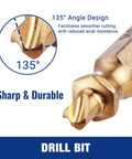 135-degree titanium-coated drill bit from Pro Grade Heavy Duty 6 Piece Stripped Screw Extractor Kit With Titanium Coated Extractors And HSS Reverse Drill Bits In Portable Case For Damaged Screws And Broken Bolts.