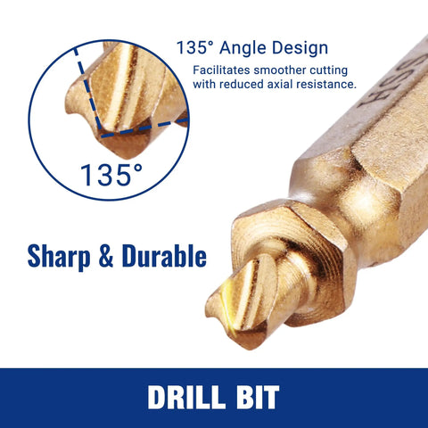 135-degree titanium-coated drill bit from Pro Grade Heavy Duty 6 Piece Stripped Screw Extractor Kit With Titanium Coated Extractors And HSS Reverse Drill Bits In Portable Case For Damaged Screws And Broken Bolts.