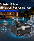 Heavy Duty 2 Hp 230V Pool Pump Motor With 56Y Frame And Square Flange For Smooth Single Run At 3450 Rpm near a swimming pool at night.