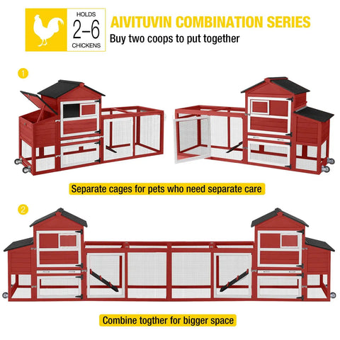 Mobile Chicken Coop On Wheels For Four To Six Chickens With Run And Two Nesting Boxes Backyard Expandable Chicken House For Ducks Easy Clean Pull Out Tray Leak Resistant Asphalt Roof 82.4 Inch Red showing combination setup.