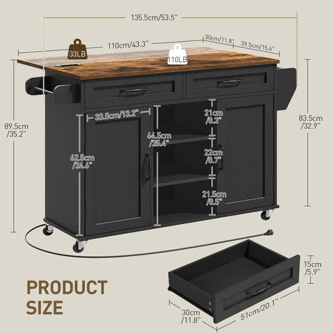 Dimensions of Ultimate Home Kitchen Island With Built In Power Outlets And Drop Leaf Go To Sturdy Black And Rustic Brown Kitchen Cart