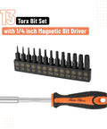 Tamper Proof Torx Bit Set 14-Piece T4 Through T40 With 1/4 Inch Ergonomic Magnetic Bit Driver shown with bits.