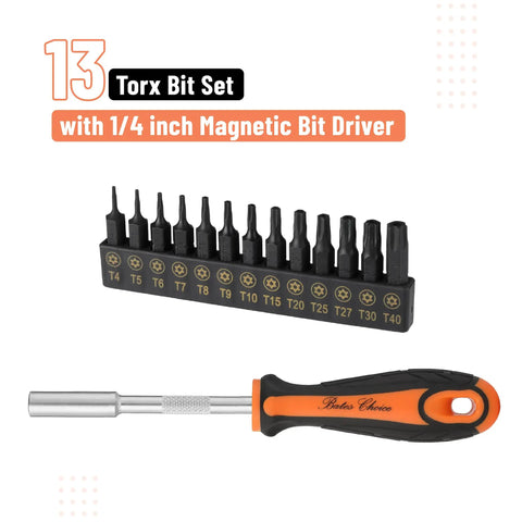 Tamper Proof Torx Bit Set 14-Piece T4 Through T40 With 1/4 Inch Ergonomic Magnetic Bit Driver shown with bits.