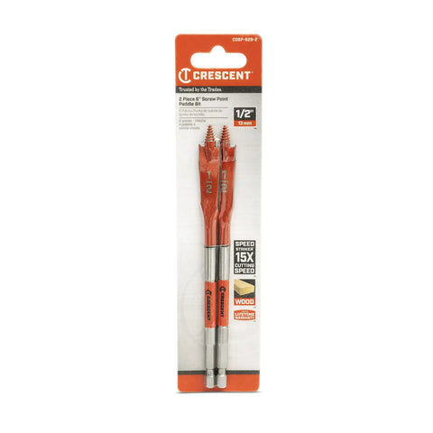 Packaged Two Piece Screw Point Paddle Drill Bit Set Six Inch By One Half Inch With Speed Striker Contoured Paddle Design