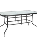 Modern Rippled Glass Outdoor Dining Table With Umbrella Hole, Rectangular 31.5 Inch By 55 Inch, Tempered Glass Top, Black Metal Frame