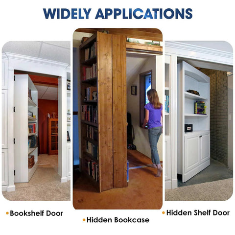 Image showing Hidden Pivot Hinges for Heavy Duty Wood Doors Up to 300 lb Side Mount Invisible Door Hardware Stainless Steel Rustproof Ball Catch Kit used in bookshelf, bookcase, and shelf doors showcasing hidden applications.