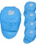 Five Pack Blue Anti Static Caps Featuring Breathable Mesh Panels And Reliable Dust Blocking Defense For Cleanrooms Laboratories And Industrial Shop Grind Heavy Duty Headwear Engineered To Keep You Cool And Confident On The Daily, displayed neatly. Caps have breathable mesh and blue fabric.