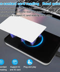 Beefy Metal Case RFID Reader Dual Frequency 125KHz 13.56MHz Long Range Card Scanner shown with card above reader