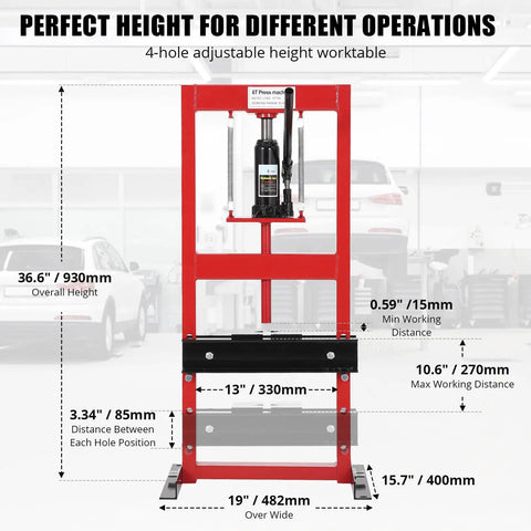 Front view of Beefy 6 Ton Hydraulic Shop Press With H Frame Four Position Adjustable Working Table Height 13,000 Lbs Capacity for Garage