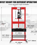 Beefy 6 Ton Hydraulic Shop Press With H Frame And Two Press Plates, Garage Floor Press For Auto Repairs, Metal Fabrication And Maintenance, Adjustable Work Table Height, Red, front view with height measurements
