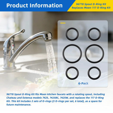 Rotating Spout Kitchen Faucet O-Ring Kit Replacement Includes Two Sets Of Three O-Rings Displayed Near Faucet
