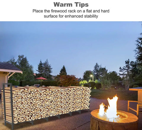 Eight Foot Outdoor Firewood Rack Holder With Fourteen Support Legs for firewood storage near a lit fire pit at dusk.