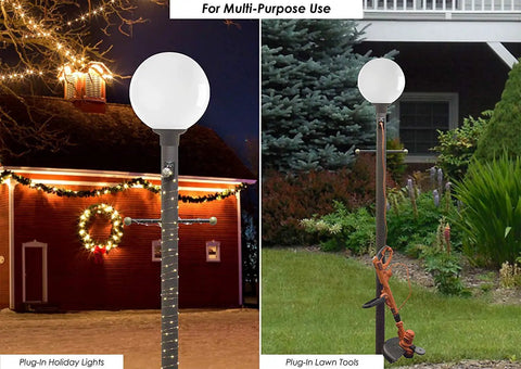 Grounded Outdoor 120V Power Outlet Kit For Lamp Posts And Poles Weather Resistant With Protective Cover UL Listed Set Of 2 installed on lamp posts for holiday lights and garden tools.