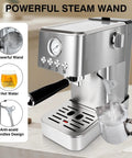 Professional 20 Bar Espresso Machine With Visible Pressure Gauge And Swivel Steam Wand For Silky Milk Foam And Smooth Operator Performance Daily Countertop Coffee Maker, showcasing steam wand and gauge.