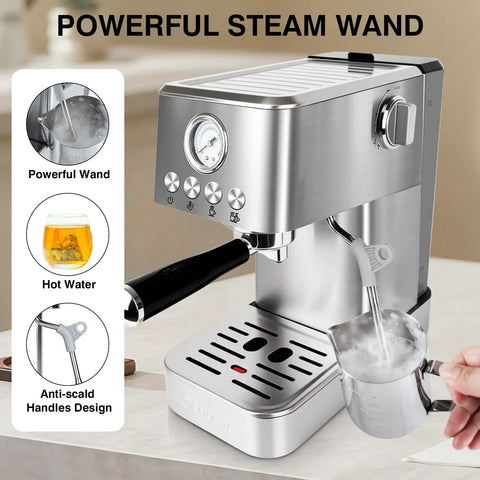 Professional 20 Bar Espresso Machine With Visible Pressure Gauge And Swivel Steam Wand For Silky Milk Foam And Smooth Operator Performance Daily Countertop Coffee Maker, showcasing steam wand and gauge.
