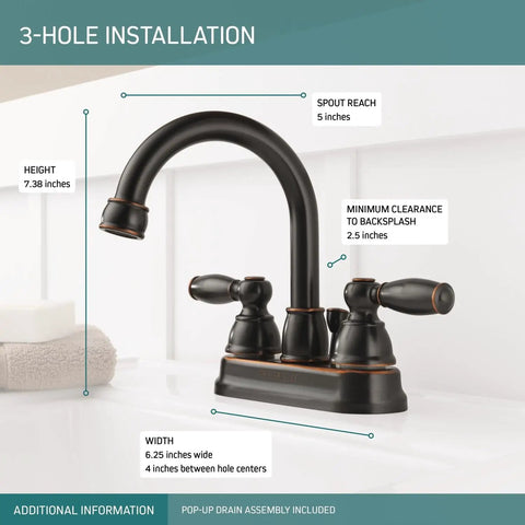 Claymore Centerset Bathroom Faucet In Oil Rubbed Bronze, 2-Handle 4-Inch Centerset Sink Faucet With Pop-Up Drain Assembly Included, WaterSense Labeled, Sleek Yet Durable, Easy Install For Modern Bathrooms