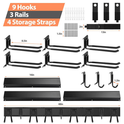 Heavy Duty Wall Mounted Tool Organizer Rack With 3 Rails And 6 Removable Hooks For Garage Shed Or Workshop Durable Powder Coated Steel Storage For Brooms Mops Rakes Shovels And Tools with parts shown.