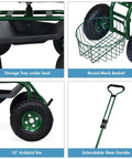 Rolling Garden Cart With Seat And Wheels Outdoor Garden Stool With Tool Tray And Basket showing tray, basket, tires, handle