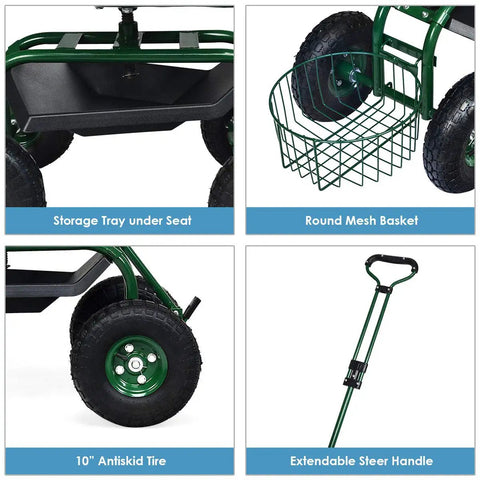 Rolling Garden Cart With Seat And Wheels Outdoor Garden Stool With Tool Tray And Basket showing tray, basket, tires, handle