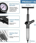 Rid Your Drain of Gunk Fast With Auto Air Pressure Plunger Blast Heavy Duty Sink Tube Kitchen Tool Portable Pumpless Action For A No Sweat Cleanup At Home dimensions showing barometer, release trigger, and stainless steel shell.