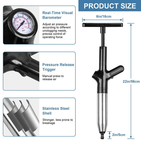 Rid Your Drain of Gunk Fast With Auto Air Pressure Plunger Blast Heavy Duty Sink Tube Kitchen Tool Portable Pumpless Action For A No Sweat Cleanup At Home dimensions showing barometer, release trigger, and stainless steel shell.
