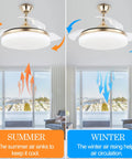 Illustration showing reversible fan blades for seasonal air circulation, part of a ceiling fan with adjustable settings.