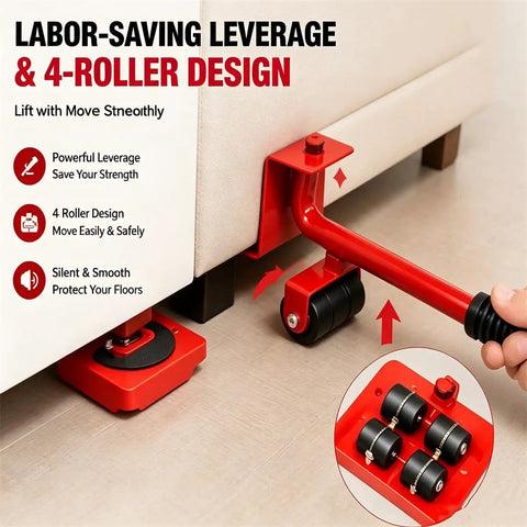 Labor-saving leverage tool with 4-roller design for easy sofa lifting, part of Ditch The Back Pain And Upgrade Your Move Game With This Heavy Duty Steel Sofa Lifter Set That Handles 220 Pounds Easily For Washing Machines Or Fridges.