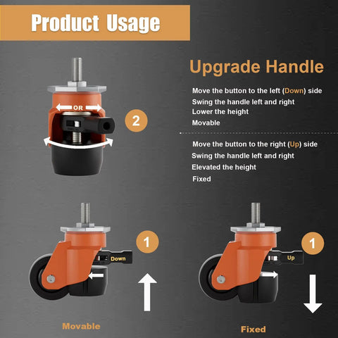 Product usage instructions for Heavy Duty Height Adjustable Casters With Ratchet Stem Leveling And Retractable Base.