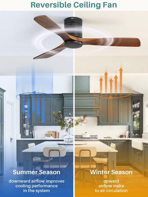 52 Inch Solid Wood Ceiling Fan With Remote Control No Light Flush Mount Wood Blades Whisper Quiet DC Motor For Bedroom Farmhouse Patio Indoor Outdoor Brown Black.
