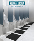Disposable Urinal Mats for Mens Restroom Use, Large 17.25 By 20.5 Inch Floor Pads, black mats in a commercial bathroom.
