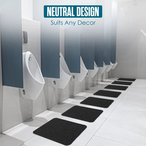 Disposable Urinal Mats for Mens Restroom Use, Large 17.25 By 20.5 Inch Floor Pads, black mats in a commercial bathroom.