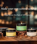 Burning candles in black tins with labels on wooden table from All In One Candle Making Kit For Adults DIY Starter Set With Soy Wax Melt Pot Electric Stove Wicks 20 Black Candle Tins 6 Essential Scents Labels And Accessories For Homemade Scented Candles.