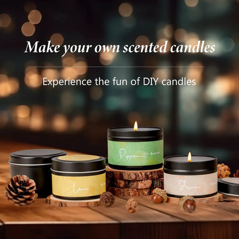 Burning candles in black tins with labels on wooden table from All In One Candle Making Kit For Adults DIY Starter Set With Soy Wax Melt Pot Electric Stove Wicks 20 Black Candle Tins 6 Essential Scents Labels And Accessories For Homemade Scented Candles.