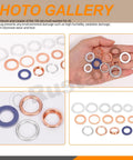 Oil Drain Plug Gasket And Crush Washer Set With 14 Sizes Aluminum And Copper Flat Washers for M10-M20 shown in hand