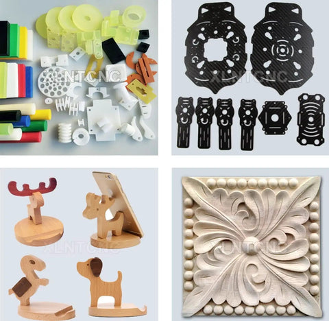 Samples of materials and designs created with 4 Axis CNC Router 4030 With Linear Guide For Ultra Precise Engraving And Milling, 1.5KW Spindle, Dual Voltage 110V Or 220V, USB Port, Pro Grade Heavy Duty Frame showcasing versatility in wood, plastic, and composite.