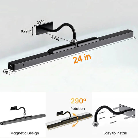 Wireless Rechargeable Picture Light Black 24 Inch Wall Sconce With Remote And Timer. Features black finish, 290° rotation.
