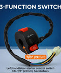 Three Function Left Handlebar Starter Switch Kit for Chinese ATVs, shown with wiring harness and labeled 7/8 inch fitment