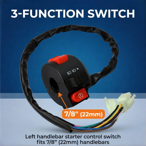 Three Function Left Handlebar Starter Switch Kit for Chinese ATVs, shown with wiring harness and labeled 7/8 inch fitment