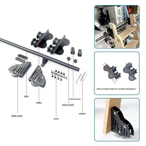 Top Notch Heavy Black Sliding Barn Door Hardware Kit Includes 20 Ft Rolling Steel Rail Track And Rust Proof Rollers parts image with track, pulleys, rollers and screws.