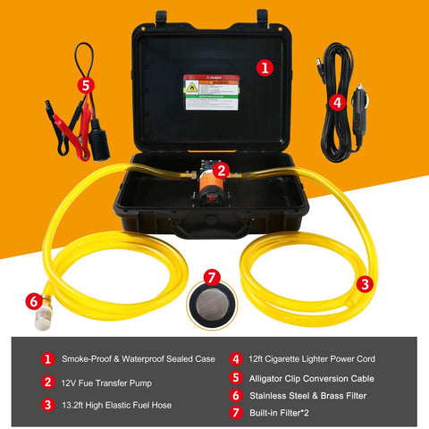 12V Fuel Transfer Pump Delivers Up To 120 Gallons Per Hour For Gas Or Diesel with case, hose, cigarette lighter plug, and battery clip