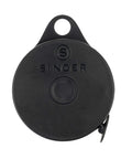 Front view of black circular retractable tape measure case without markings