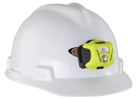 Enduro Pro Hazlo 160 Lumen Multi Function Headlamp With Three AAA Batteries Rubber Hard Hat Strap Elastic Head Strap 3M Dual Lock Yellow on hard hat