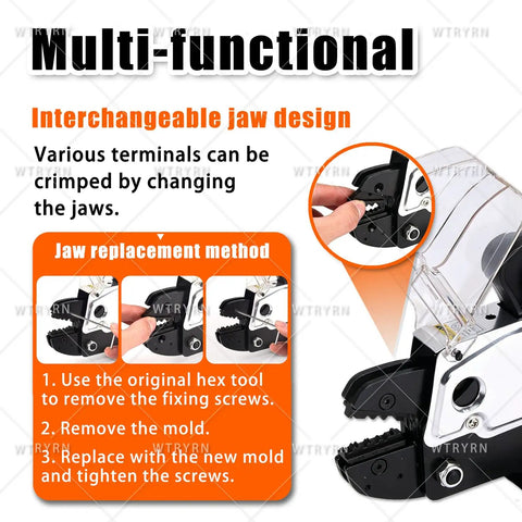 Professional Pneumatic Terminal Crimping Machine With Powerful 1.3T Force Output jaws illustration showing interchangeable design.
